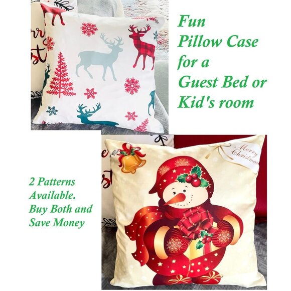 Christmas Snowman Pillow Cover 16x16 Red Gold Holly Gift Print Holiday Decor - Picture 5 of 11